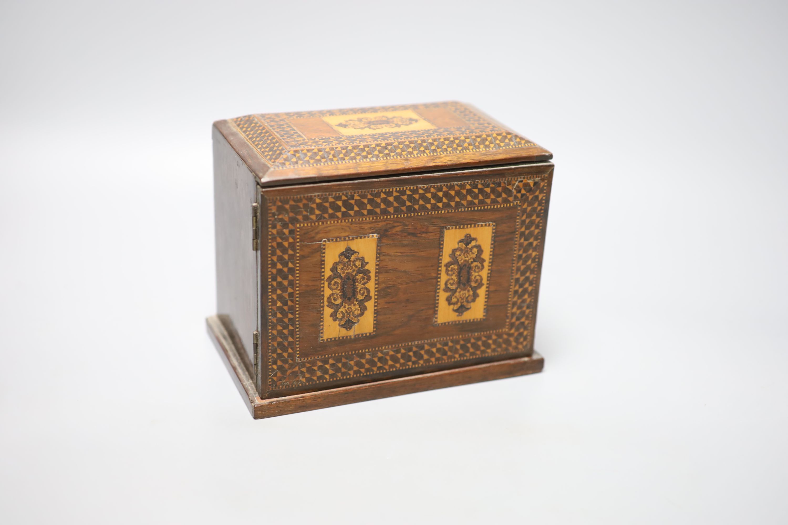 A Tunbridge ware rosewood, tesserae and half square mosaic cabinet of three drawers, c.1840, 18.2cm